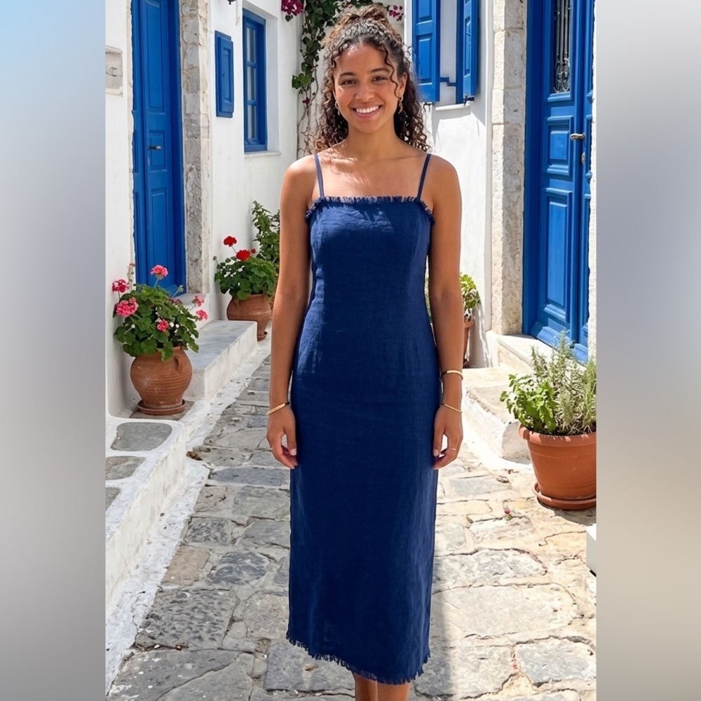 Navy Linen Viscose Fringe Hem Midi Slip Dress Costal Cool Boho European Summer